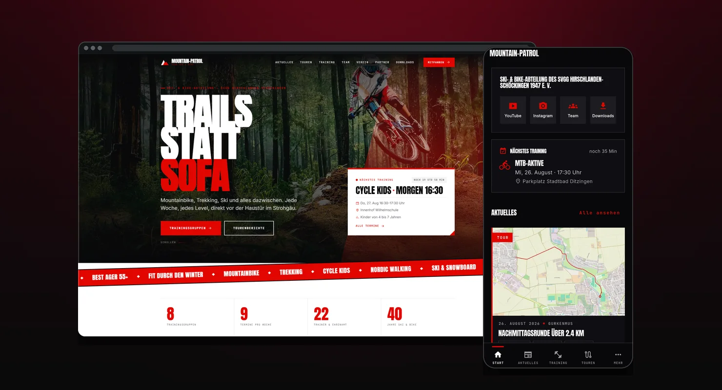 Mountain Patrol — die Vereins-Website im Browser, davor die App auf dem Handy